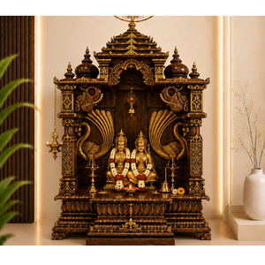 Mandir traditionnel indien du sud en bois de paon pour la maison, sculpté à la main en teck, temple hindou Pooja avec rangement pour les États-Unis - Product Image 1