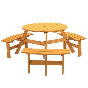 Tavolo da Picnic In legno circolare per 6 persone con 3 panche incorporate per esterni per giardino giardino (naturale) - Product Image 1