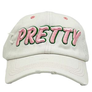 White Distress Denim Baseball <b>Cap</b> with Pink Embroidered Letter Design Adjustable Casual <b>Vintage</b> Unisex Outdoor Fashion Hat Wear - Product Image 1