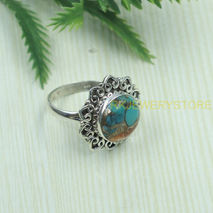 Natural Orange Blue Copper Turquoise 925 Sterling <b>Silver</b> Handmade Vintage Floral <b>Statement</b> <b>Ring</b> Boho Artisan Jewelry Gift women - Product Image 2