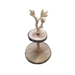 Luxury 2 Tier Wooden <b>Cake</b> Stand With Metal Ginkgo Leaf Branch Handcrafted Acacia Wood Dessert <b>Server</b> For Party & Hotel Buffet - Product Image 2