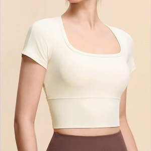 Ropa de Gimnasio de Secado Rápido Personalizada para Mujer, Camiseta Corta con Cuello en U, Bajo Acanalado, Elástica, Ecológica, para Entrenamiento - Product Image 4