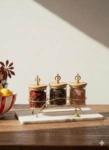Ensemble de pots en verre chocolat style victorien avec support en métal doré pour le rangement de la cuisine, la présentation de bonbons et de fruits secs, et la décoration de table à manger - Product Image 5