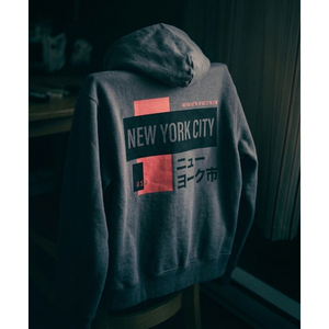 เสื้อฮู้ดพิมพ์ลายกราฟิกนิวยอร์กสีเทาสำหรับผู้ชาย ดีไซน์ลายด้านหลัง ผ้าฝ้าย 350GSM ทรงโอเวอร์ไซส์ สตรีทแวร์ ขายส่ง - Product Image 5