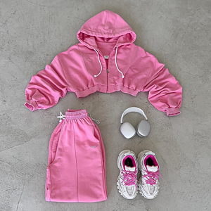 Ensemble de survêtement à capuche pour femme, manches longues, couleur unie, coupe décontractée ample avec poches latérales, taille élastique, coton mi-lourd, automne - Product Image 3
