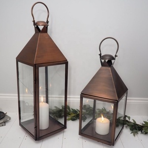 Wholesale Copper Antique Clear Glass Metal <b>Candle</b> Holder <b>Lanterns</b> for Tabletop & Floor Lighting Decorations - Product Image 1