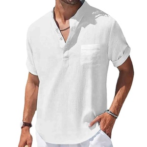 Chemise décontractée pour homme en lin et coton à manches courtes et col en V, respirante, coupe classique, couleur unie, tissu tissé - Product Image 2