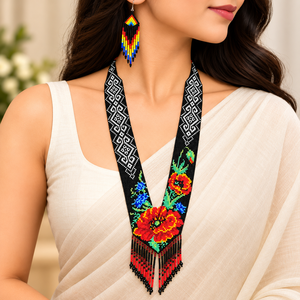 Parures de bijoux ethniques perlées pour femmes, collier et boucles d'oreilles géométriques floraux colorés et tendance pour mariage - Product Image 1