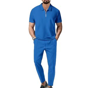 OEM logotipo personalizado bordado Diseño impreso transfronterizo Nueva gama alta waffle manga corta cremallera Top manga corta Polo traje conjuntos - Product Image 1