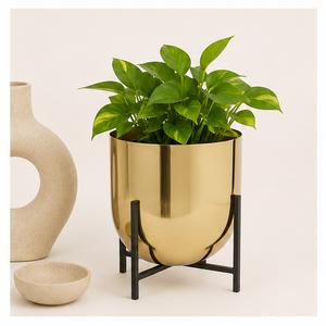 Pot de fleurs en métal doré avec support noir, pot de fleurs d'intérieur pour le salon et la décoration du balcon, porte-plantes décoratif de haute qualité - Product Image 1