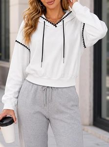 เสื้อฮู้ดครอปท็อปผู้หญิง แขนยาว แต่งขอบตัดกัน สไตล์ลำลอง มีเชือกผูก - Product Image 3