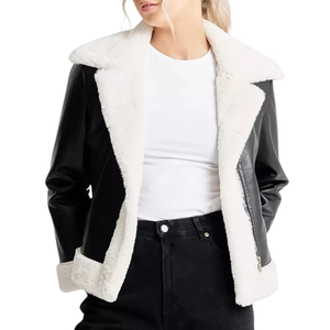 Chaqueta de Mujer Estilo Racer de Piel Sintética, Color Sólido, Cierre de Cremallera, Forro de Sherpa, Cuello Camisero, Ropa de Abrigo para Otoño e Invierno, Corte Regular - Product Image 2