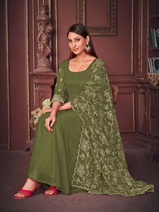 Nouvelle Robe Anarkali Élégante pour Femmes en Vert Clair, Manches 3/4, Georgette Crêpe Semi-Couturée pour Mariages et Occasions Festives - Product Image 3