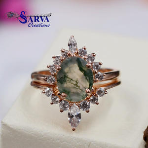 Ensemble de bagues en agate mousse naturelle de forme ovale avec accents en zircone cubique, argent sterling 925, ensemble de bagues de fiançailles et de mariage pour femmes - Product Image 2