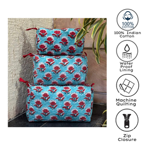 Premium Floral Blue Brown Jaipur Hand block print Quilted cotton toiletry bag Set of 3 Sustainable Non Toxic Dye Zip Closure - Product Image 3