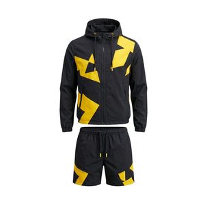 Abstract Geometric <b>Camo</b> Yellow Black Panel Windbreaker Short Set <b>Men</b> Tracksuit Nylon Hooded <b>Jacket</b> And Shorts Sets - Product Image 2