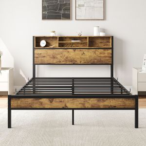 Full-Size Metal <b>Platform</b> <b>Bed</b> <b>Frame</b> with Storage Headboard Charging Station Bookcase-No Box Spring Needed - Product Image 5