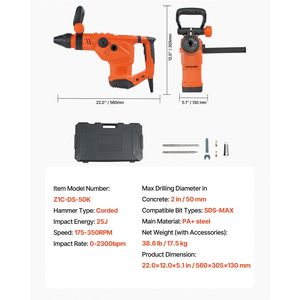 Martillo Perforador Eléctrico con Cable de 1600W, 175-350 RPM, Martillo Rotatorio SDS-Max de 2 Pulgadas, 3 Funciones para Demolición y Cincelado - Product Image 3