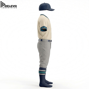 High Quality Custom Baseball Uniform Package, Cream Full-Button Jersey, Grey Pants, Navy Cap & Teal <b>Striped</b> Stirrup <b>Socks</b> - Product Image 3
