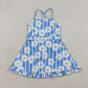 Robe de yoga sans manches pour bébés filles, à fleurs et rayures bleues, longueur genou - Product Image 1