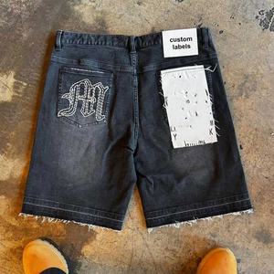 Pantalones Cortos de Mezclilla Negros Vintage para Hombre, Estilo Cargo, Tejidos, Ecológicos, de Pierna Recta, con Efecto Desgastado, Bordados con Pedrería y Parches - Product Image 2