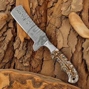 Cuchillo de caza tipo BullCutter de acero de Damasco al por mayor, hoja fija, mango de resina epoxi, funda de cuero, logotipo personalizado OEM, 3 años de garantía - Product Image 5