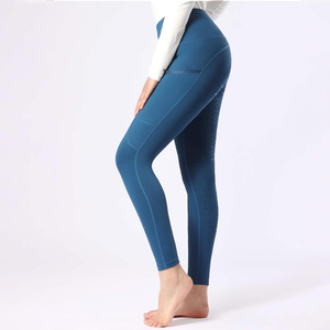 Leggings de equitación de talle alto para mujer con bolsillos con cremallera, color azul liso, corte ajustado, pantalones de entrenamiento. - Product Image 1