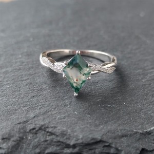 Handmade Kite Shaped <b>Moss</b> <b>Agate</b> CZ <b>Ring</b> Solid Sterling Silver Platinum Rhodium Plated Vintage Green Engagement Wedding Trendy - Product Image 6