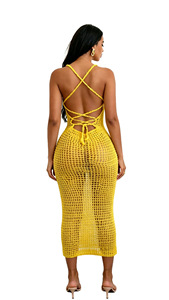 Vestido maxi bohemio sin cuello de punto y ganchillo, con aberturas florales, diseño sexy sin espalda y abertura, listo para la playa - Product Image 3
