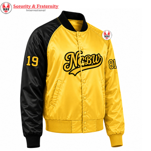 Veste universitaire noire et dorée contrastante en satin pour femme NCBW Sorority, avec boutons-pression sur le devant, col et poignets en tricot côtelé, style universitaire - Product Image 4