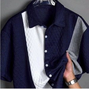 OEM 2026 Men's Color Block <b>Patchwork</b> Cable Knit Short Sleeve <b>Shirt</b> Lapel Collar Button Down Textured Casual Summer <b>Shirts</b> - Product Image 5