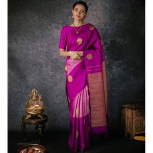 DISEÑADOR BANARASI BROCADO DE SEDA Y ORO ZARI TRABAJO SAREE CON BLUSA DESCOSADA RANI - Product Image 1