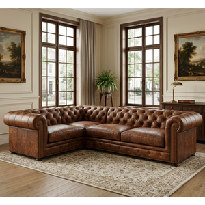 Factory Direct Real Leather L Shape <b>Sofa</b> 4 Seater Chesterfield Couch Solid Wood Construction for Living Room Furniture - Product Image 1