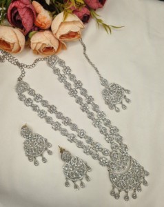 Elegant Rhodium Plated Cubic Zirconia <b>Jewellery</b> <b>Set</b> Multi Layer Long Necklace Matching Earrings Mangtika Partywear <b>Set</b> Wholesale - Product Image 1