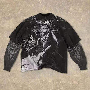 T-shirt à manches longues en coton gaufré superposé, style gothique Y2K, imprimé personnalisé, blanc, nouveau, punk, hip hop - Product Image 4