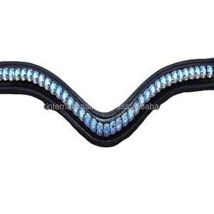 Handmade Full Grain Cow Leather Empty Channel Horse Brow Band with Luxury Sea Blue <b>Shining</b> Crystals Chain and Edge Stitching - Product Image 1