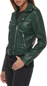 Chaqueta de Moto de Cuero Sintético Verde para Mujer, Manga Larga, Cierre de Cremallera, Color Sólido, Estilo Otoñal, Cuello Camisero, Corte Corto - Product Image 3