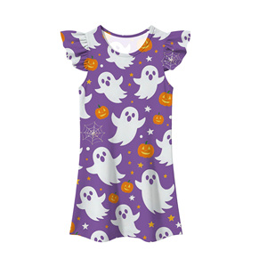 Girls Halloween Printed <b>Dress</b> <b>Flutter</b> <b>Sleeve</b> A-Line Cartoon Ghost Pumpkin Pattern Cute Mini Length O-Neck Chiffon <b>Dress</b> - Product Image 3