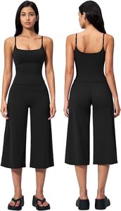 Ensemble de yoga dos nu à col en V profond, pantalon taille haute à jambes larges longueur mollet, en Spandex et Polyester, sans couture, 2 pièces - Product Image 6
