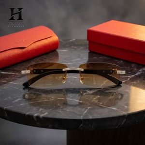 Luxury Rimless Rectangle Diamond <b>Sunglasses</b> Men Women <b>Gradient</b> Brown Tea Lens Wood Temple Iced Out Eyewear - Product Image 4