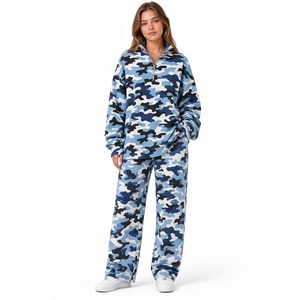 Ensemble décontracté de qualité supérieure pour femmes, composé d'un haut à manches longues en tricot à col montant avec fermeture éclair et d'un pantalon large à imprimé camouflage rose - Product Image 5