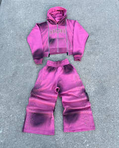 Ensemble de survêtement personnalisé de haute qualité : sweat à capuche zippé avec strass et pantalon évasé, effet délavé à l'acide - Product Image 1