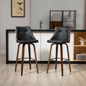 Set of 2 Counter Height Swivel Bar <b>Stools</b> PU Leather Tufted <b>Back</b> Footrest Soft Strong Black for Dining Room Kitchen Chrome Base - Product Image 2