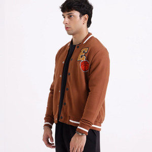 Chaqueta Letterman Marrón para Hombre con Letra E Bordada, Estilo Único, Cuello Camisero, Manga Regular, Algodón y Fibra de Bambú, para Otoño - Product Image 3