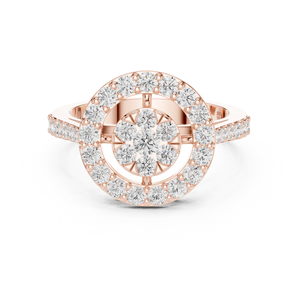 Bague de mariage pour femme en moissanite taille ronde avec double halo en grappe - Or rose sur argent, tige fendue pavée - Product Image 1