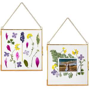 Cadre photo suspendu en verre et laiton doré vintage |   Cadre photo flottant double face avec cordon en jute pour l'affichage de fleurs pressées - Product Image 5