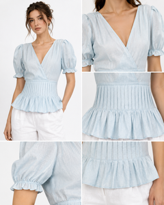 Bulk Custom Women's Solid Bohemian Cotton <b>Linen</b> Two-Piece Set V-Neck Puff Sleeves Peplum <b>Top</b> Wide-Leg Trousers Casual Summer - Product Image 4