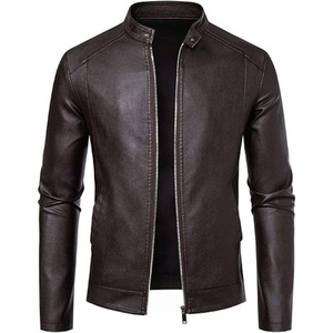 Chaqueta de cuero genuino de vaca al por mayor con hombreras y mangas acolchadas, cuello alto y bolsillos con cremallera - Product Image 2
