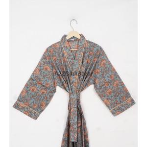 Robe Kimono en Coton Tricoté Indigo Imprimé Flock, Motif Floral Artisanal Jaipuri, Tenue Décontractée Respirante pour l'Été - Product Image 3