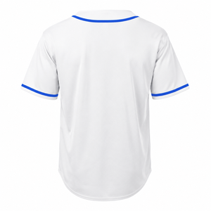 Maillot de baseball blanc avec bordure bleue, manches courtes, boutons sur le devant, unisexe, adulte, respirant, impression sublimée, polyester, personnalisable pour équipe sportive - Product Image 2